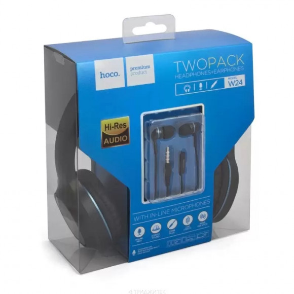 Гарнитура Hoco W24 Enlighten Headphones With Mic Set 2-in-1 (накладная+вставная) (черная, синяя)
