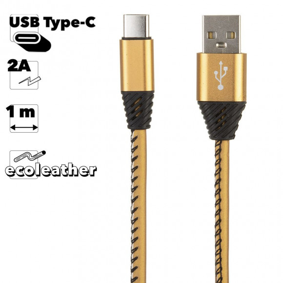 USB кабель "LP" Type-C Кожаная оплетка, 1м. (золотой, европакет)
