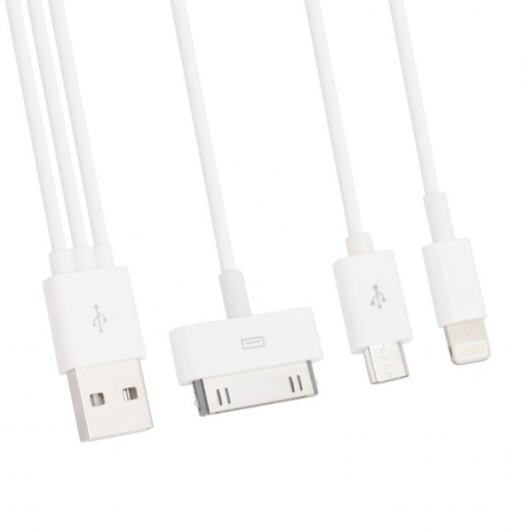 USB кабель "LP" 4 в 1 для Apple 30-pin, Apple 8-pin, Micro USB, Samsung Tab (белый, длина 15 см)
