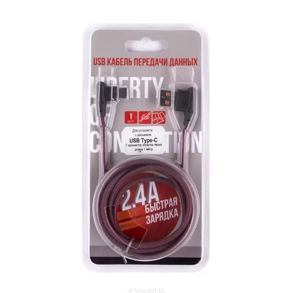 USB кабель "LP" Type-C Г-коннектор оплетка леска (красный, блистер)