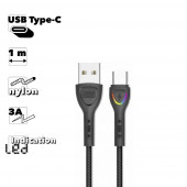 USB Дата-кабель Earldom EC-117C USB Type-C 3A Fast Charging TPE Rainbow Lamp, 1 метр, черный