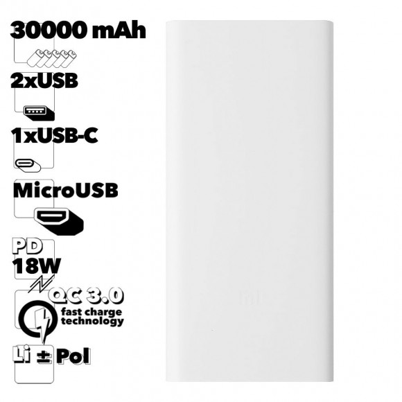 Внешний Аккумулятор Xiaomi Mi Power Bank 3 30000 mAh PB3018ZM (белый)
