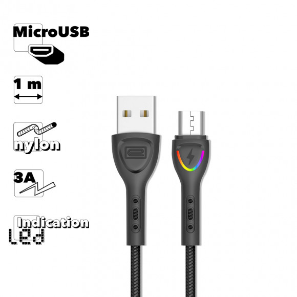 USB Дата-кабель Earldom EC-117M MicroUSB 3A Fast Charging TPE Rainbow Lamp, 1 метр, черный