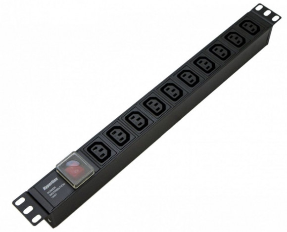SHE19-10IEC-S-IEC Блок розеток для 19" шкафов, горизонтальный, с выключателем с подсветкой, 10хIEC 320 C13, 10A, 250В, без кабеля питания, входная ро