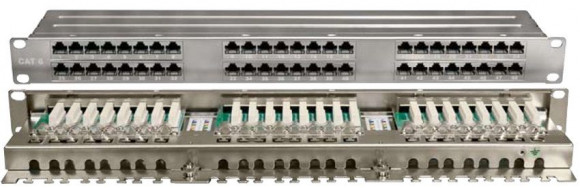 PPHD-19-48-8P8C-C6-SH-110D Патч-панель высокой плотности 19", 1U, 48 портов RJ-45, полный экран, категория 6, Dual IDC Hyperline