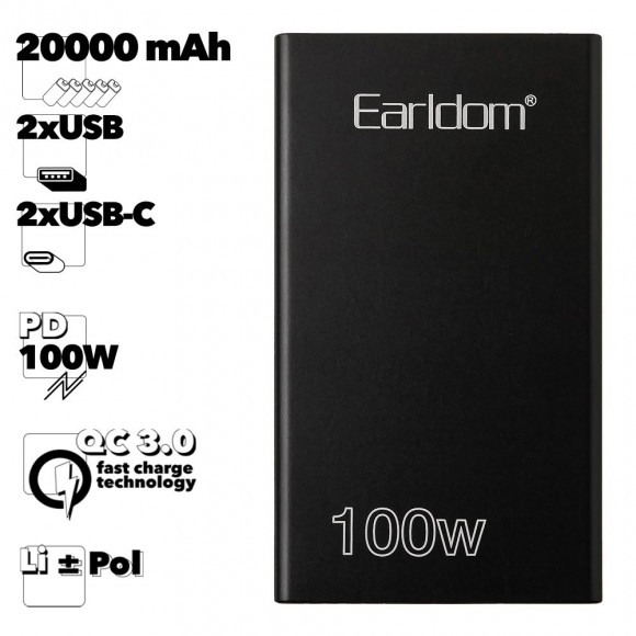 Внешний АКБ Earldom ET-PD11 20000 mAh, 1xUSB, QC 3.0 3A, PD 20W, Li-Pol (черный)