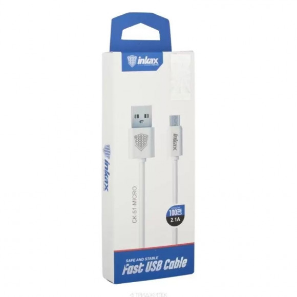 USB кабель inkax CK-51 100 CM 2.1A для MicroUSB круглый пластиковые разьемы, белый
