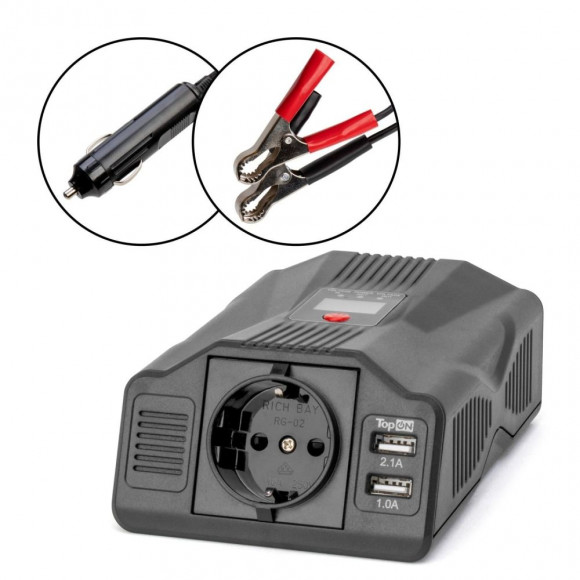 Автомобильный инвертор TopON TOP-PI201 200W 1 розетка, 2 USB, LCD экран, пиковая мощность 400W Черный