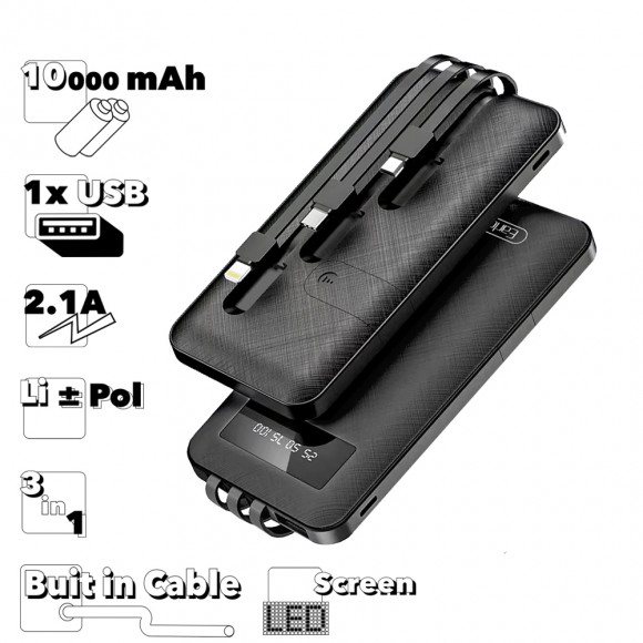 Внешний АКБ Earldom ET-PB41 (10000 mAh) Power Bank With 3 Wire 5В/2А (черный)