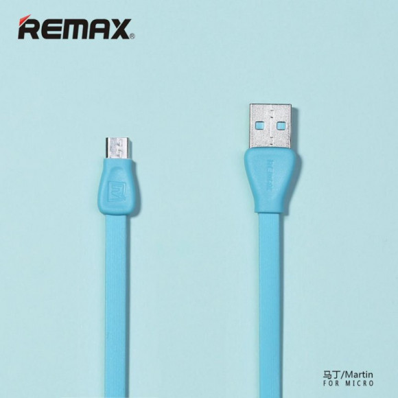 USB Дата-кабель Remax Martin 028i MicroUSB, 1 метр плоский пластиковые разьемы, голубой