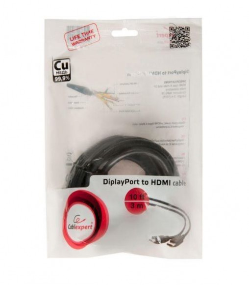 Кабель DisplayPort->HDMI Cablexpert CC-DP-HDMI-3M, 3м, 20M/19M, черный, экран, пакет