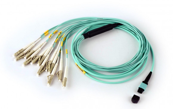 Сборка кабельная TopLan MPO-12LC, 12 волокон OM3, низкие потери, LSZH, 1 м, аква