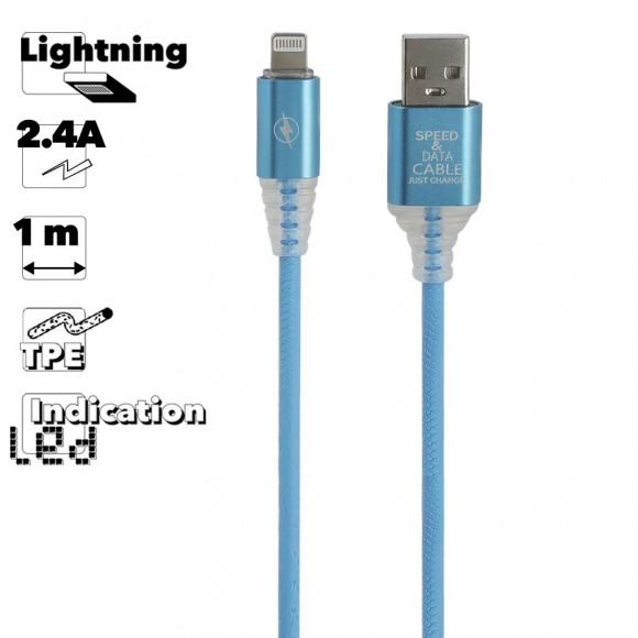 USB кабель "LP" для Apple 8-pin Змея LED TPE (синий, блистер)