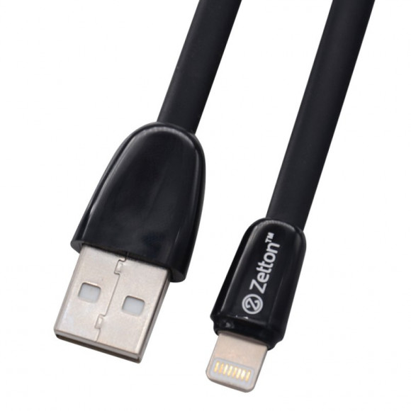 USB кабель Zetton USB SyncCharge Flat Glossy TPE Data Cable USB to Lightning плоский пластиковые разьемы (черный) ZTUSBFGTBKA8