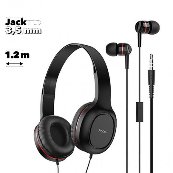 Гарнитура Hoco W24 Enlighten Headphones With Mic Set 2-in-1 (накладная+вставная) (черная, красная)