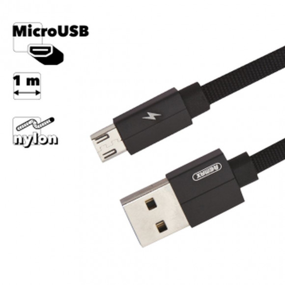 USB кабель Remax Kerolla Series Cable RC-094m MicroUSB плоский в оплетке пластиковые разьемы, черный