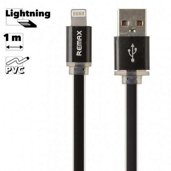 USB Дата-кабель Remax для Apple 8-pin плоский с золотым коннектором, 1 метр, черный