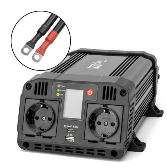 Автомобильный инвертор TopON TOP-PI1202 1200W 2 розетки, Type-C, USB, LCD экран, пиковая мощность 2400W Черный