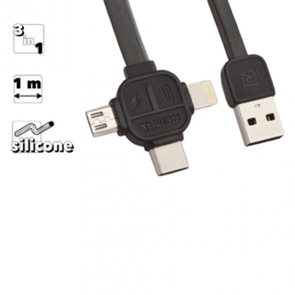 USB кабель 3 в 1 Remax Lesu 3 in 1 Cable RC-066th для Apple 8-pin, MicroUSB, USB Type-C, черный