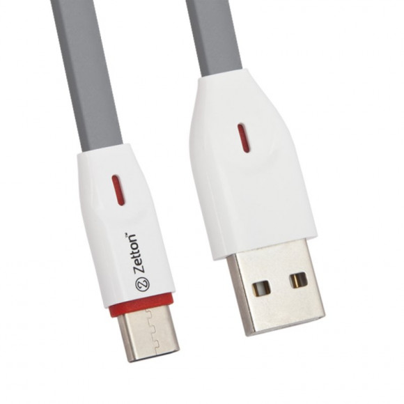 USB кабель Zetton USB SyncCharge Flat Slim TPE Data Cable USB to USB-C плоский пластиковые разьемы (серый) ZTUSBFSTGYUC