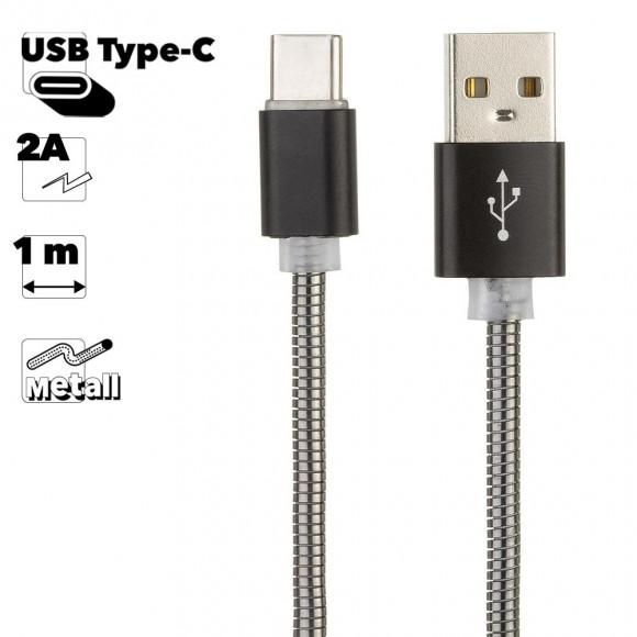USB кабель "LP" Type-C Металлическая оплетка, 1 метр (черный, европакет)