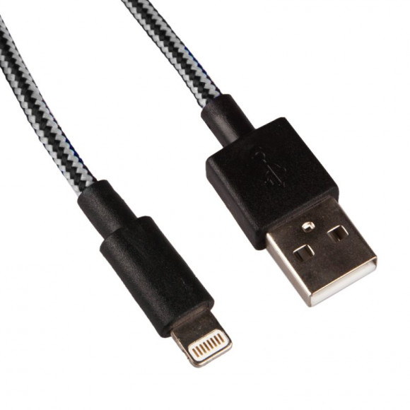 USB кабель "LP" для Apple iPhone, iPad 8-pin в оплетке (серый/черный, коробка)