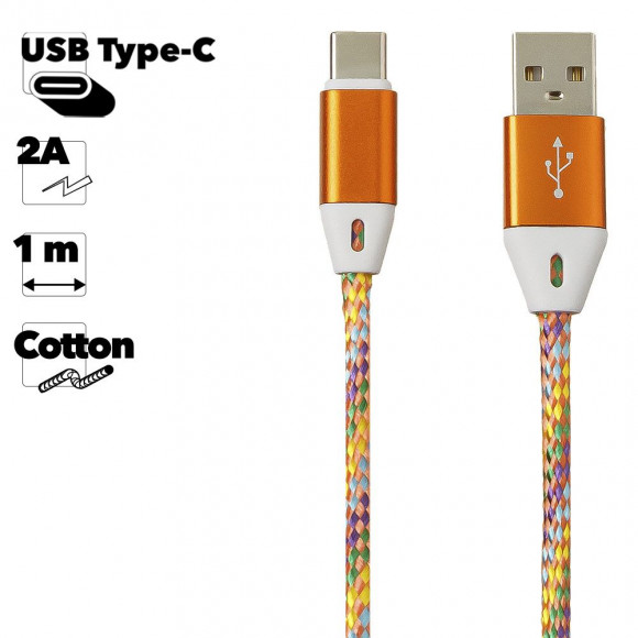 USB кабель "LP" Type-C оплетка и металлические разъемы, 1 метр (оранжевый, европакет)