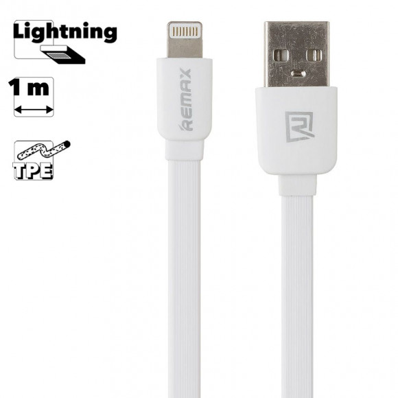 USB Дата-кабель Remax для Apple 8-pin плоский Safe&Speed, 1 метр, белый
