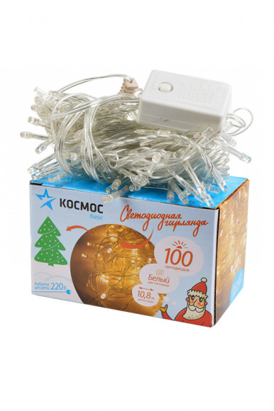 Гирлянда КОСМОС KOC_GIR100LED_W 100LED, 8 режимов мигания, белый, 10.8м