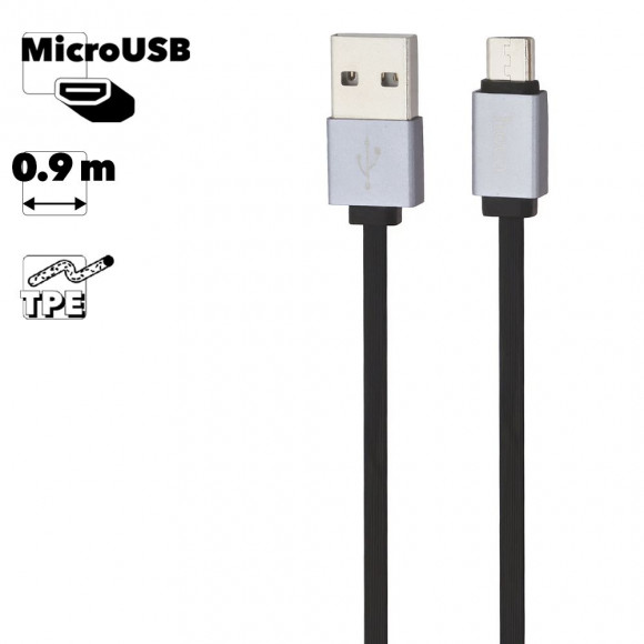 USB кабель Hoco U33 Retractable Micro Charging Cable, 0.9 м, плоский пластиковые разьемы, черный