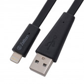 USB кабель Zetton USB SyncCharge Flat Wide Data Cable USB to Lightning плоский пластиковые разьемы (черный) ZTUSBFWBA8