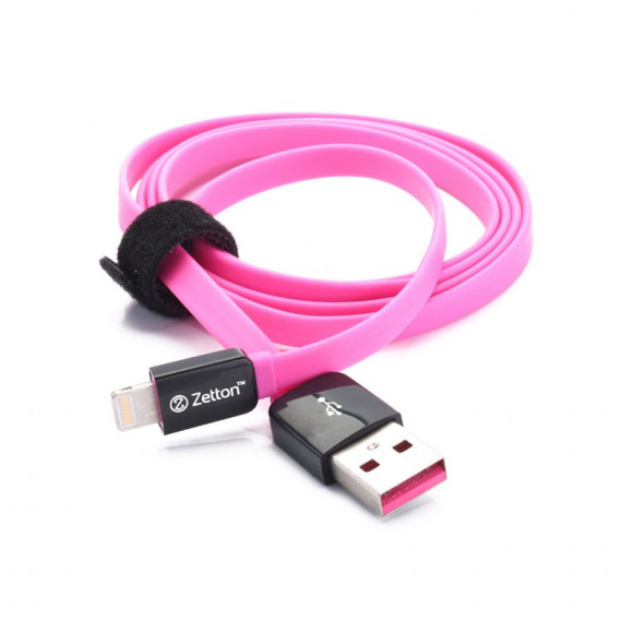 USB кабель передачи данных Zetton Flat разъем Lightning плоский черный с розовым (ZTLSUSBFCA8BP)