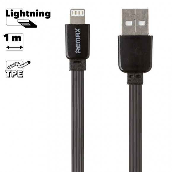 USB Дата-кабель Remax для Apple 8-pin плоский Safe&Speed, 1 метр, черный