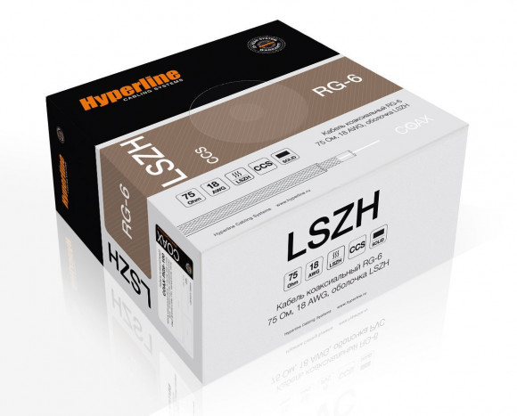 COAX-RG6-LSZH-500 Кабель коаксиальный RG-6, 75 Ом (ТВ, SAT, CATV), жила - 18 AWG, внешний диаметр 6.9мм, LSZH (бухта 500 м) Hyperline