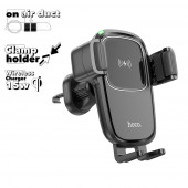 Держатель в авто с БЗУ HOCO HW1 Pro зажим, в воздуховод, 15W (черный)