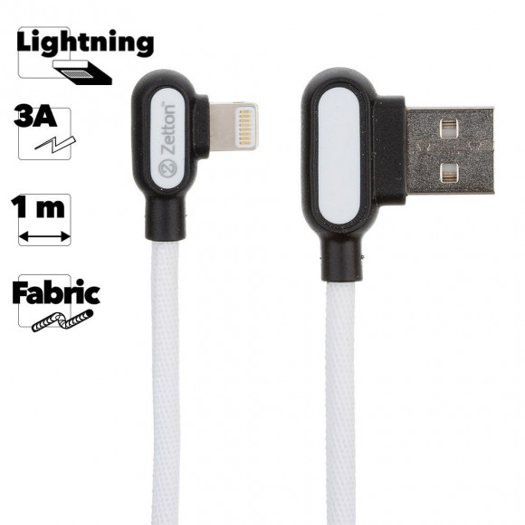USB кабель Zetton USB SyncCharge Round Fabric Corner Cable USB to Lightning круглый пластиковые разьемы (белый) ZTUSBRFCWEA8