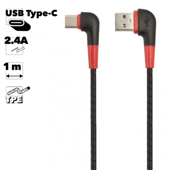 USB кабель "LP" USB Type-C L-коннектор Кожаный шнурок (черный, коробка)