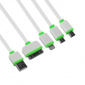 USB кабель "LP" 4 в 1 для подзарядки для Apple 8-pin, 30-pin, MicroUSB, Mini USB плоский (белый, зеленый)