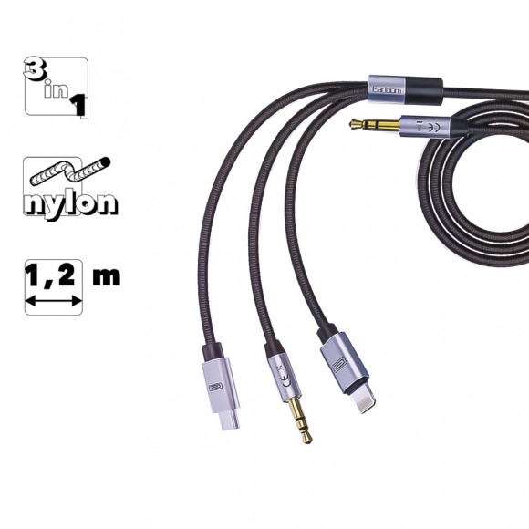 Аудио кабель (AUX) Earldom ET-AUX09 3 in 1, 3.5мм to Lightning/Type-C/3.5мм, 1 метр, черный