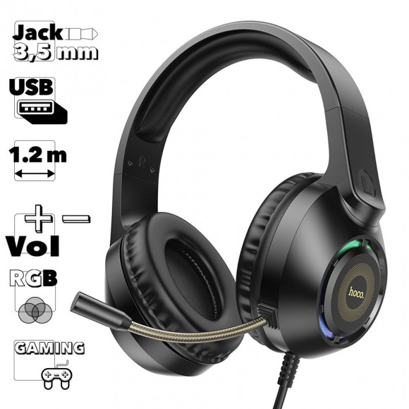 Гарнитура игровая HOCO W108 Sue 3.5 мм+USB, 2м, накладная (черный)