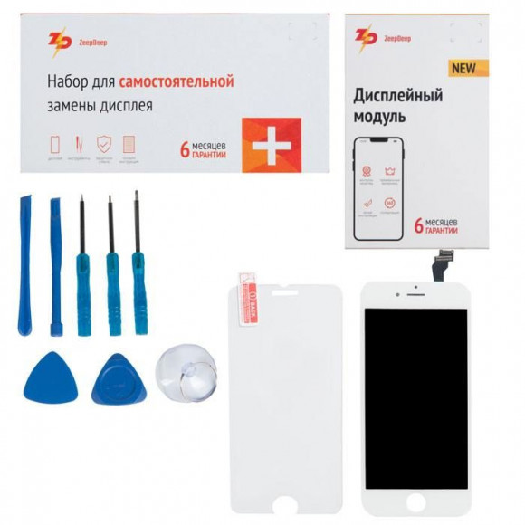 Дисплей для iPhone 6 в наборе ZeepDeep: экран белый, защитное стекло, набор инструментов, пошаговая инструкция