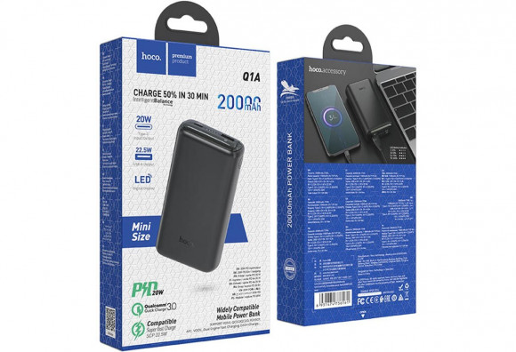 Внешний аккумулятор Powerbank HOCO Q1A Kraft QC3.0, PD20, USB-A 22.5W, 20000mAh, черный