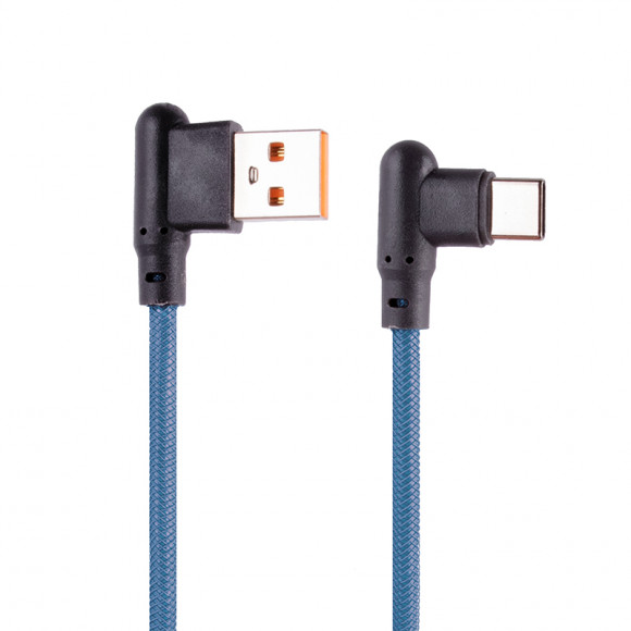 USB кабель "LP" Type-C Г-коннектор оплетка леска (синий, блистер)