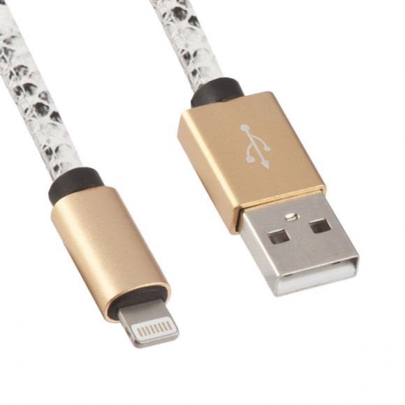 USB Дата-кабель для Apple 8-pin в оплетке кожа змеи (белый, коробка)