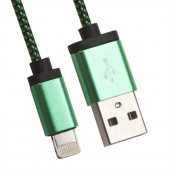 USB Дата-кабель Cable для Apple 8-pin круглый в оплетке с металл. разъемами, 1 метр, зеленый