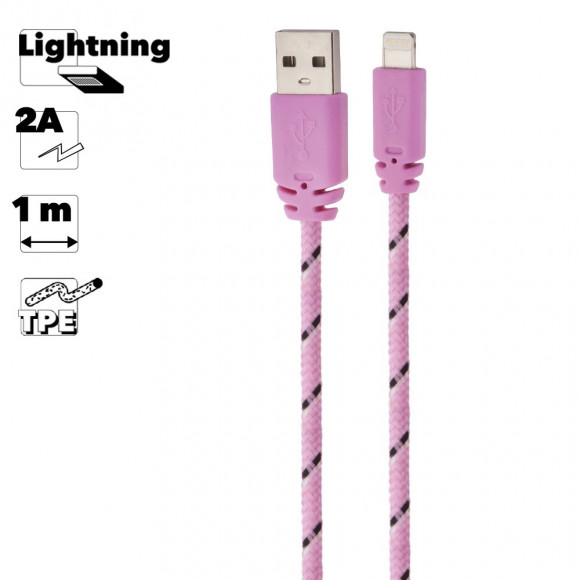 USB кабель "LP" для Apple iPhone, iPad Lightning 8-pin в оплетке (розовый/черный, коробка)