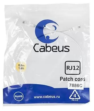Патч-корд 6p4c телефонный, 0.5 м, белый Cabeus PC-TEL-RJ12-0.5m
