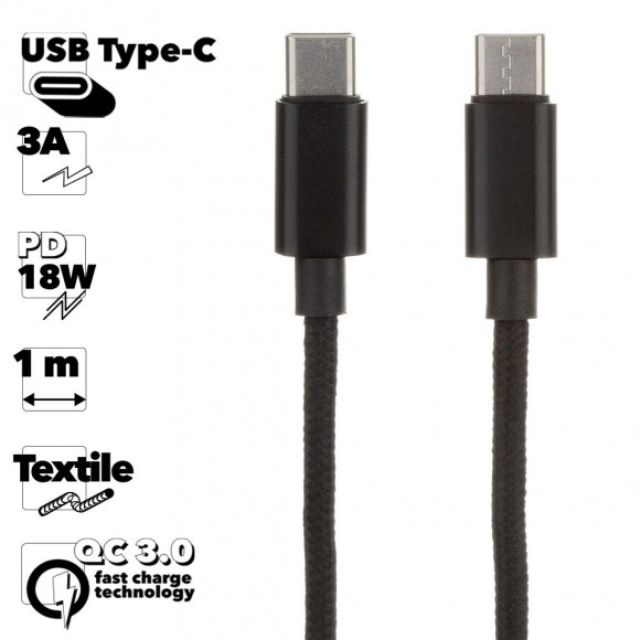 USB-C кабель "LP" USB Type-C Power Delivery 18W в текстильной оплетке (черный, коробка)