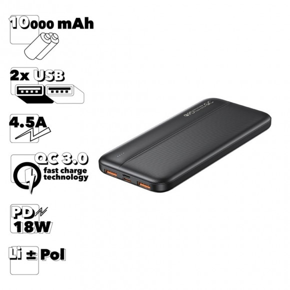 Внешний АКБ REMAX Tinyl RPP-212 10000mAh 2xUSB, 4.5A, QC 3.0, PD 18W, Li-Pol (черный)