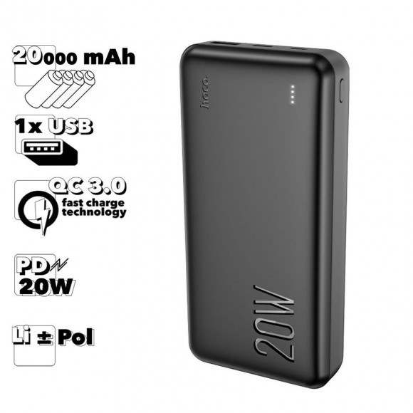 Внешний АКБ Hoco J87A Tacker 20000mAh, 1xUSB, 1xUSB-C, 3А, QC3.0, PD20W, LED, Li-pol (черный)